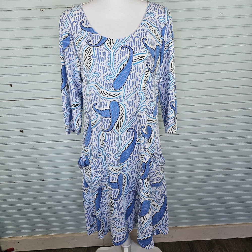 Fresh Produce Blue Paisley  3/4 Sleeve Casual Beachy Midi Dress Size L